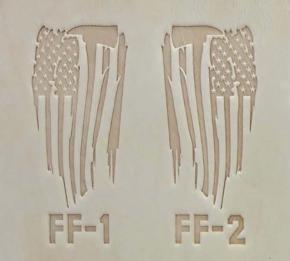 Delrin leather stamp pressing a tattered U.S. flag design with a firefighting axe and Halligan bar into leather.