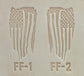 Delrin leather stamp pressing a tattered U.S. flag design with a firefighting axe and Halligan bar into leather.