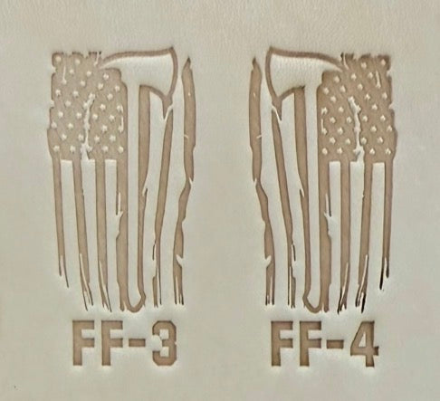 Delrin leather stamp pressing a tattered U.S. flag design with a firefighting axe and Halligan bar into leather.