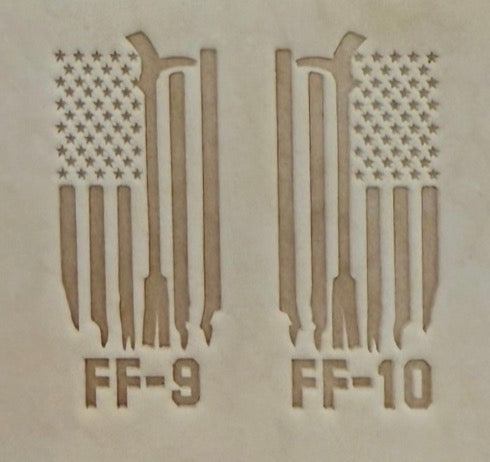 Delrin leather stamp pressing a tattered U.S. flag design with a firefighting axe and Halligan bar into leather.