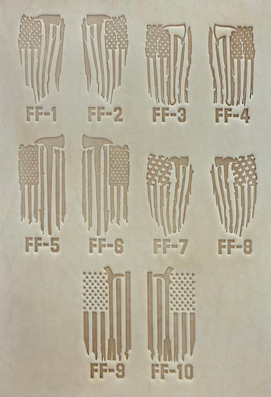 Delrin leather stamp pressing a tattered U.S. flag design with a firefighting axe and Halligan bar into leather.