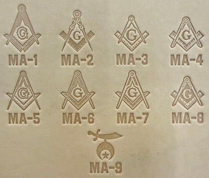 Embossing stamp featuring a Masonic square and compass emblem with the letter G and Shrine Emblem Crescent and Star.