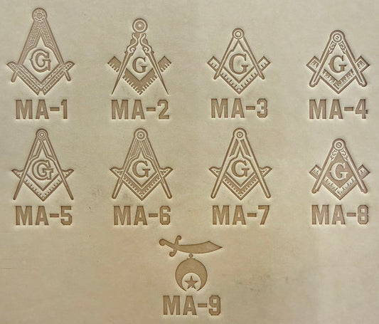 Embossing stamp featuring a Masonic square and compass emblem with the letter G and Shrine Emblem Crescent and Star.