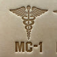 Leathercrafting impression of a medical caduceus symbol.