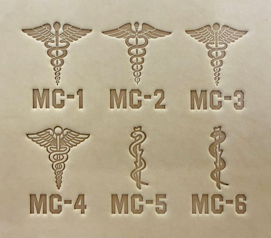 Leathercrafting impression of a medical caduceus symbol.