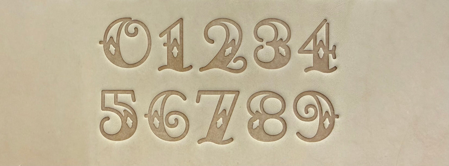 Old school Sailor Jerry tattoo style delrin alphabet letter and number stamp set for leathercrafting.