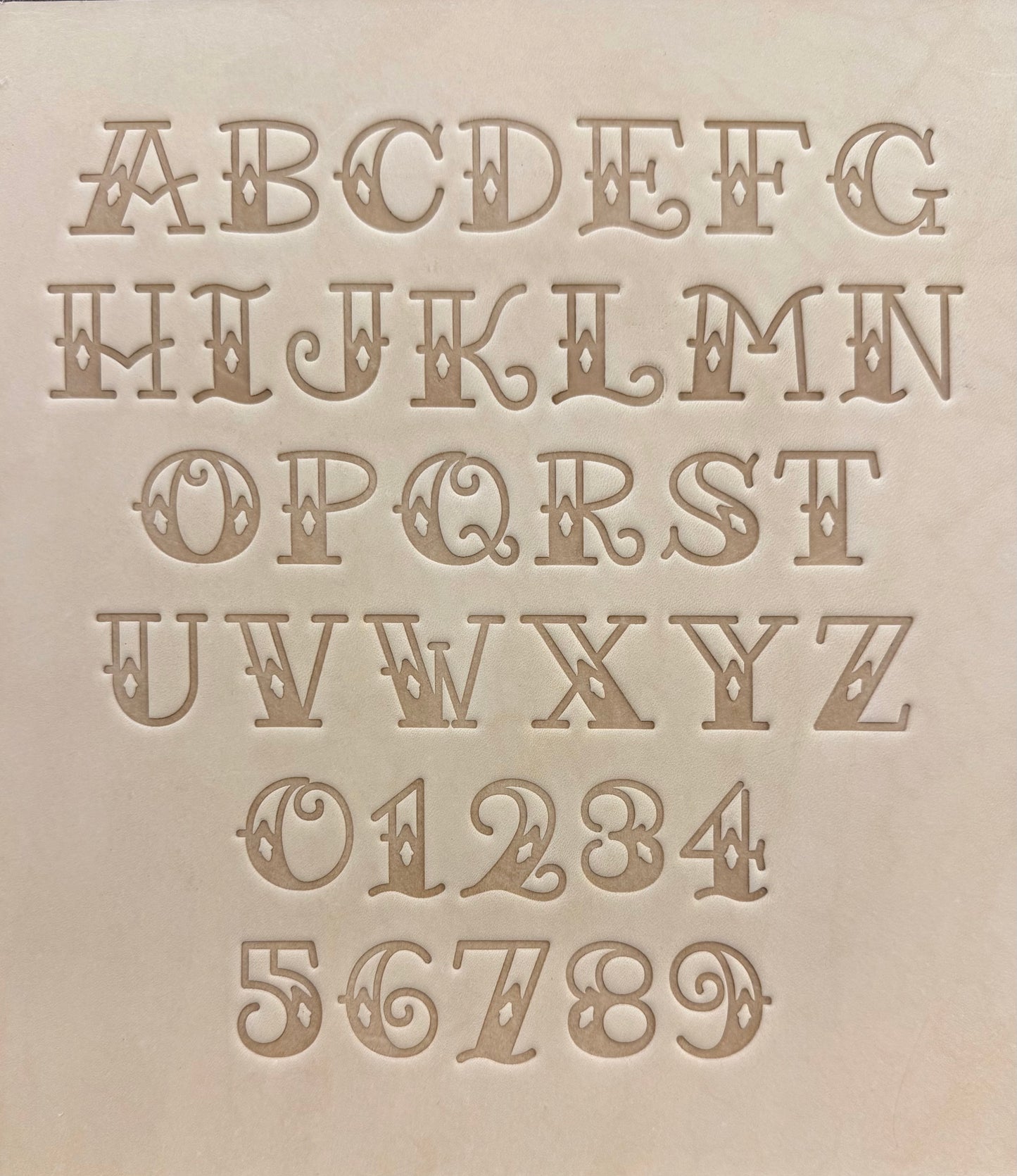 Old school Sailor Jerry tattoo style delrin alphabet letter and number stamp set for leathercrafting.