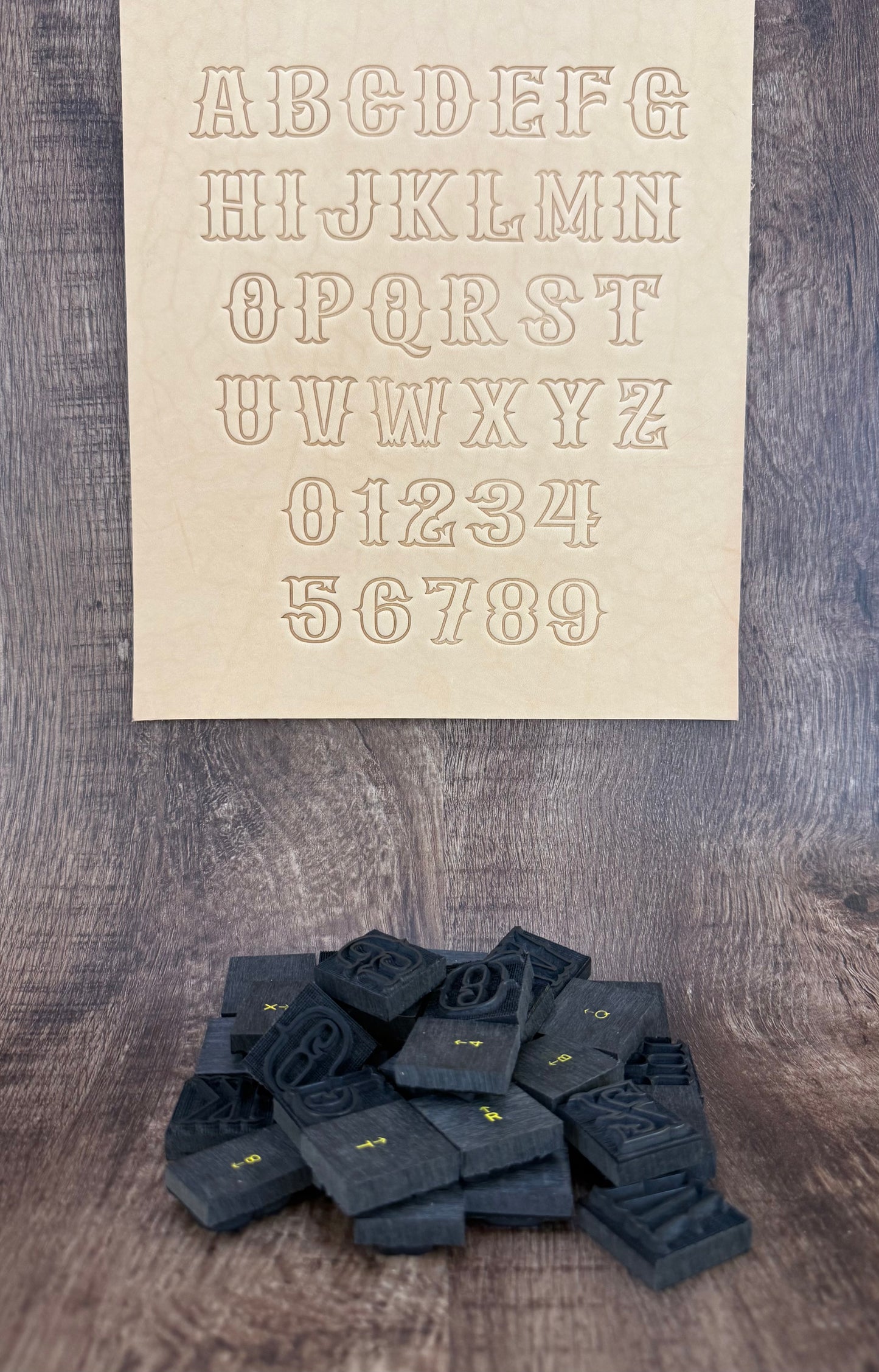 Leathercrafting embossing stamp in western style font.